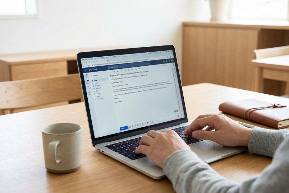College student writing an email to a professor on a laptop while reviewing class notes
